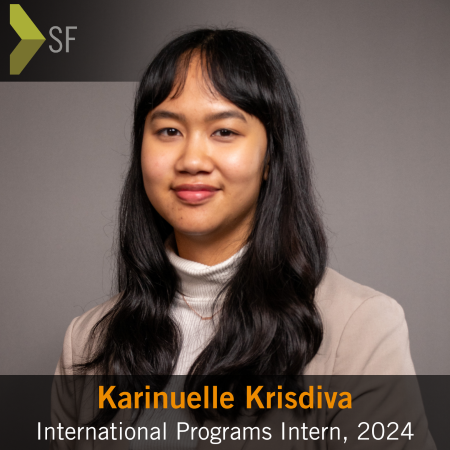 Global Ties San Francisco intern Karinuelle Krisdiva smiling toward camera, with organization logo in top left corner and a text box at the bottom of the image with the intern's name and position title.